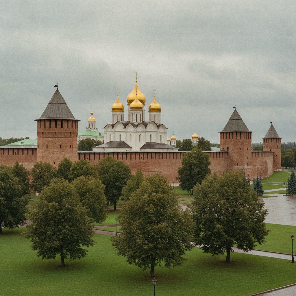 Тульский кремль: краснокирпичные крепостные стены и башни XVI века, за ними белый Успенский собор с золотыми куполами, зелёная площадь и деревья, пасмурный день.